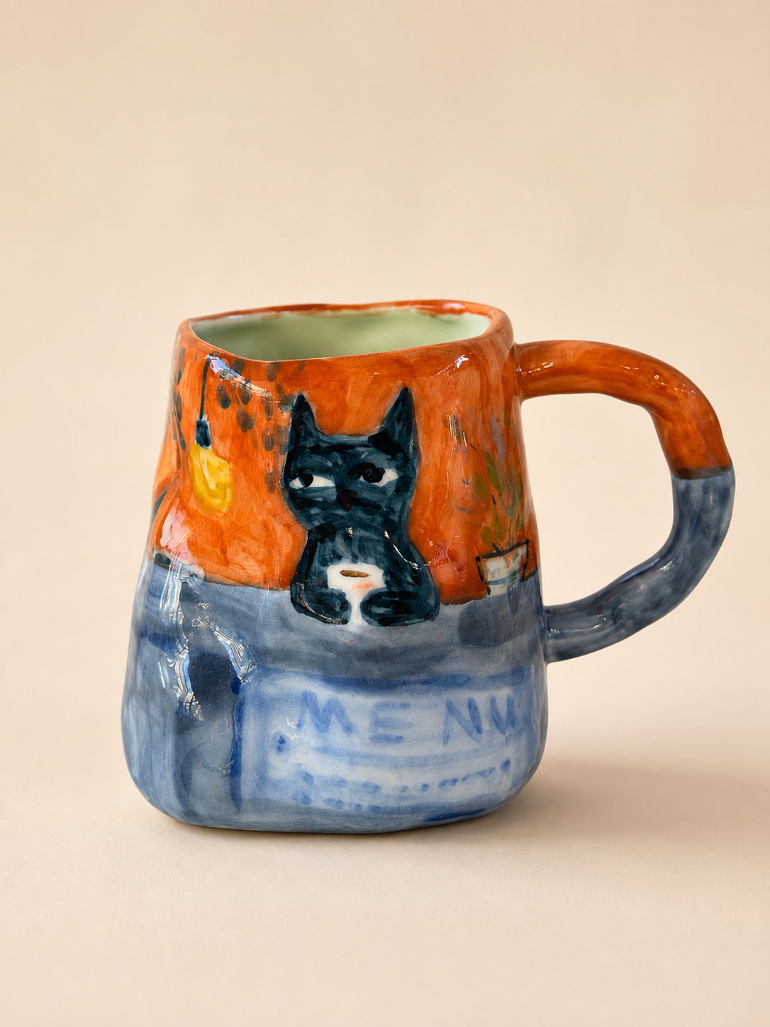 Grumpy Black Cat Hand‑Sculpted Mug