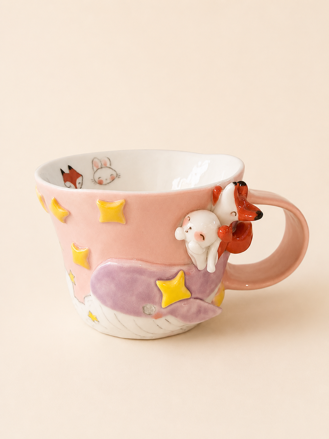 Pink Whale 3‑D Fox & Rabbit Hand‑Sculpted Mug