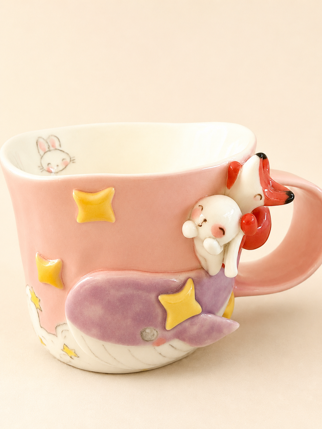 Pink Whale 3‑D Fox & Rabbit Hand‑Sculpted Mug