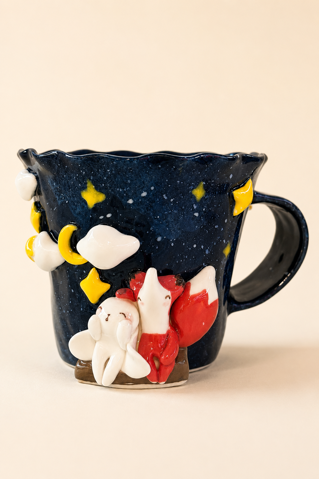 Starry‑Night 3D Fox & Rabbit Hand‑Sculpted Mug