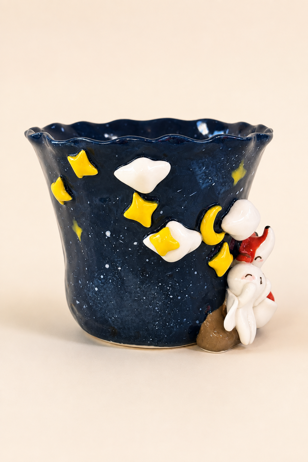 Starry‑Night 3D Fox & Rabbit Hand‑Sculpted Mug