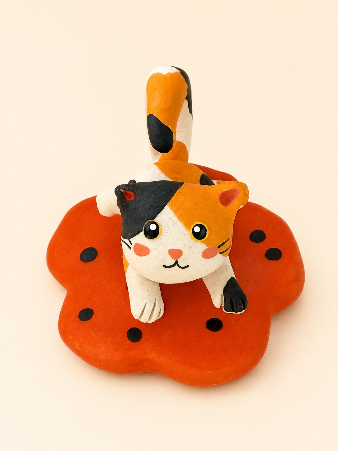 Handmade Ceramic Calico Cat Spinner Figurine | Desk Decor Gift