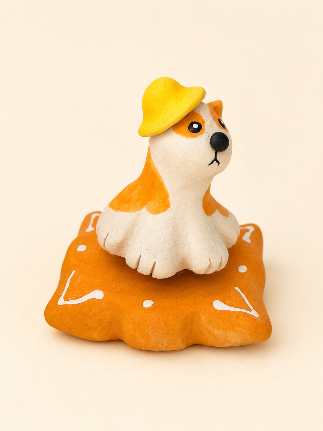Handmade Ceramic Dog Spinner Figurine with Yellow Hat | Desk Decor Gift