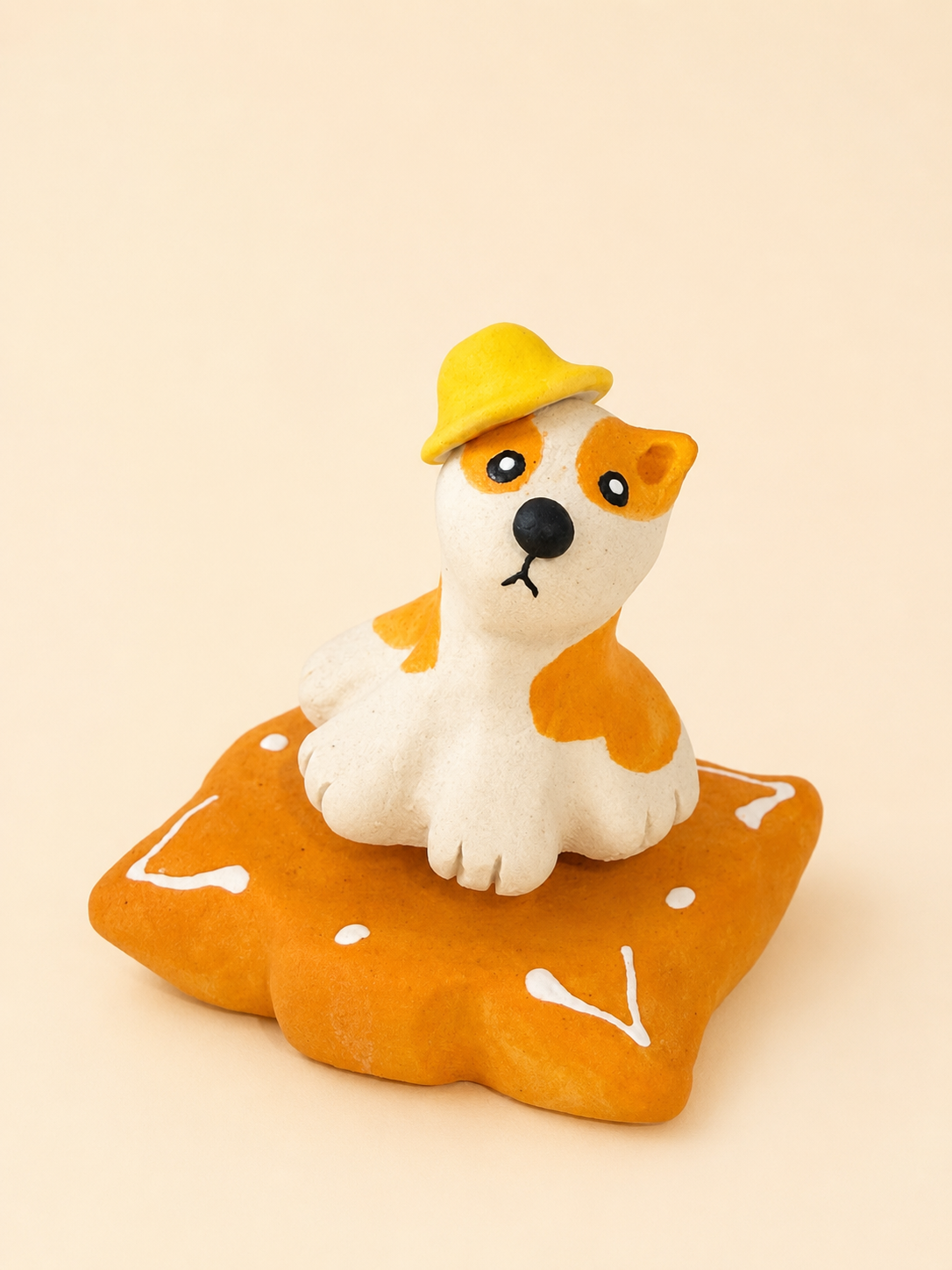 Handmade Ceramic Dog Spinner Figurine with Yellow Hat | Desk Decor Gift