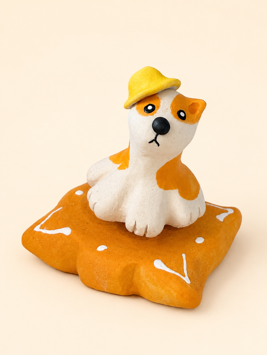 Handmade Ceramic Dog Spinner Figurine with Yellow Hat | Desk Decor Gift