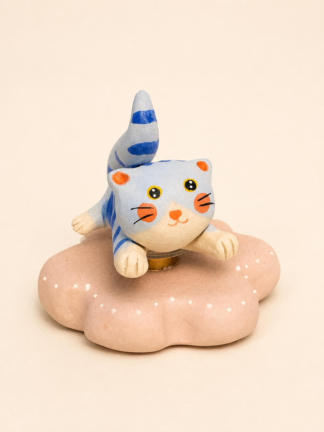 Handmade Ceramic Light‑Blue Striped Cat Spinner Figurine | Desk Decor Gift
