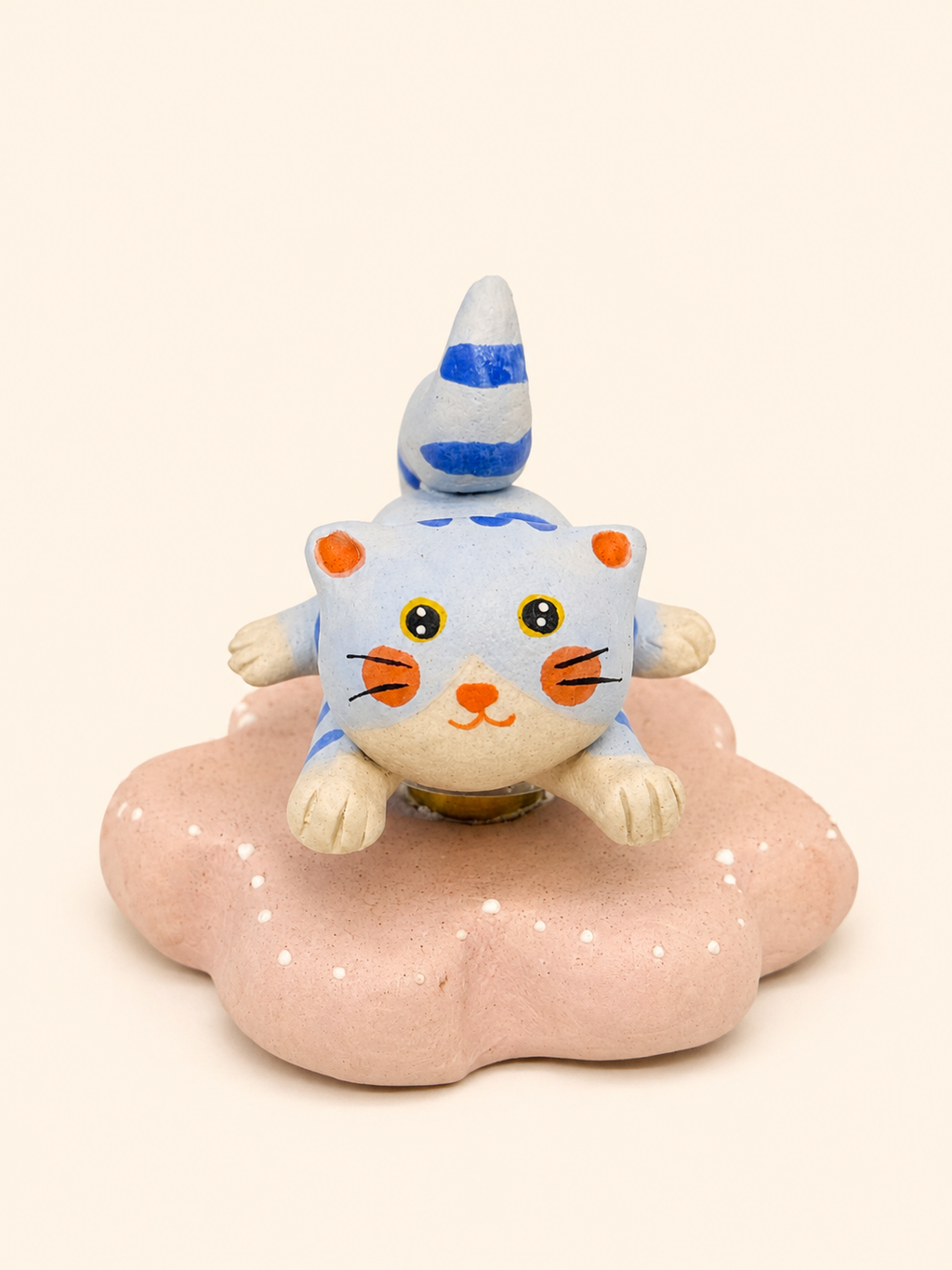 Handmade Ceramic Light‑Blue Striped Cat Spinner Figurine | Desk Decor Gift
