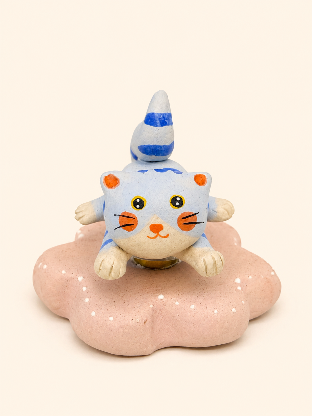Handmade Ceramic Light‑Blue Striped Cat Spinner Figurine | Desk Decor Gift