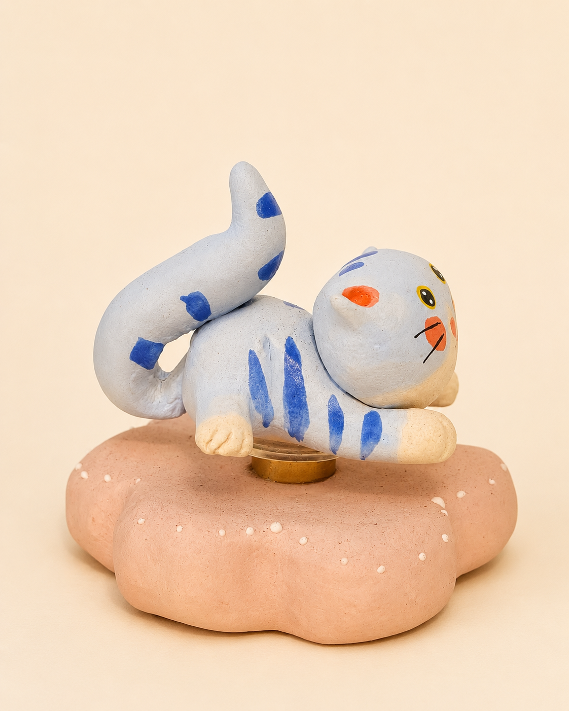 Handmade Ceramic Light‑Blue Striped Cat Spinner Figurine | Desk Decor Gift