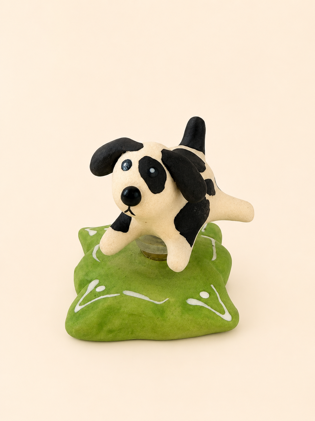 Handmade Ceramic Black‑White Spot Dog Spinner Figurine | Desk Decor Gift